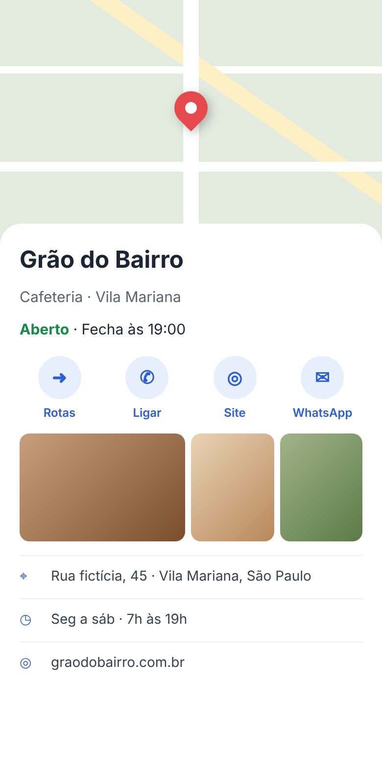 Exemplo de perfil de empresa no Google Maps com endereço, horário, rotas e WhatsApp